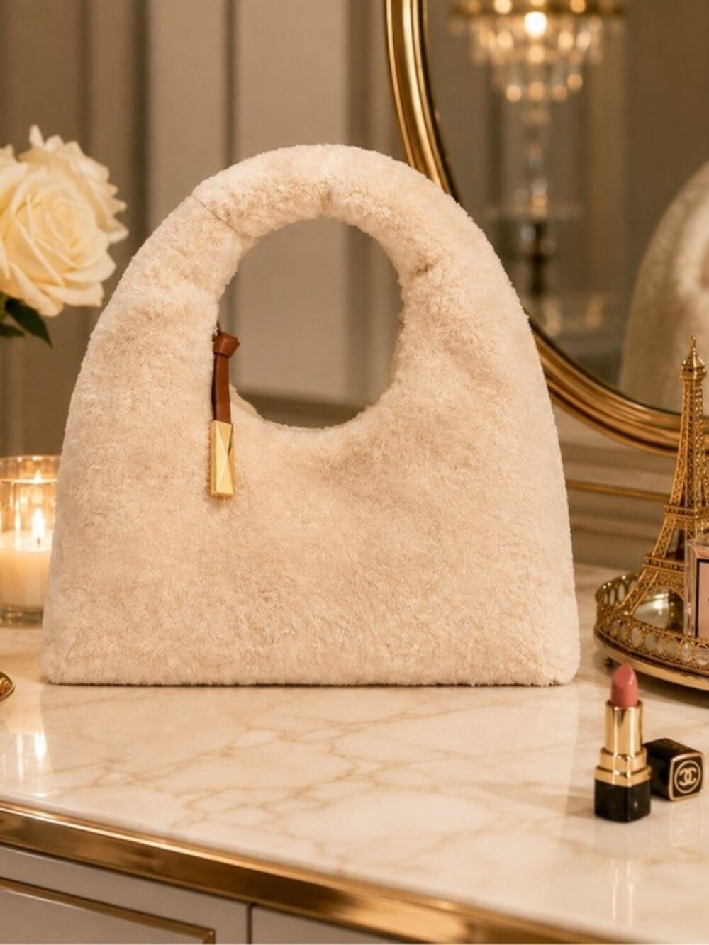 I.N.C. International Concepts Nyrah Faux Fur Hobo Bag Cream Cozy Winter NWT